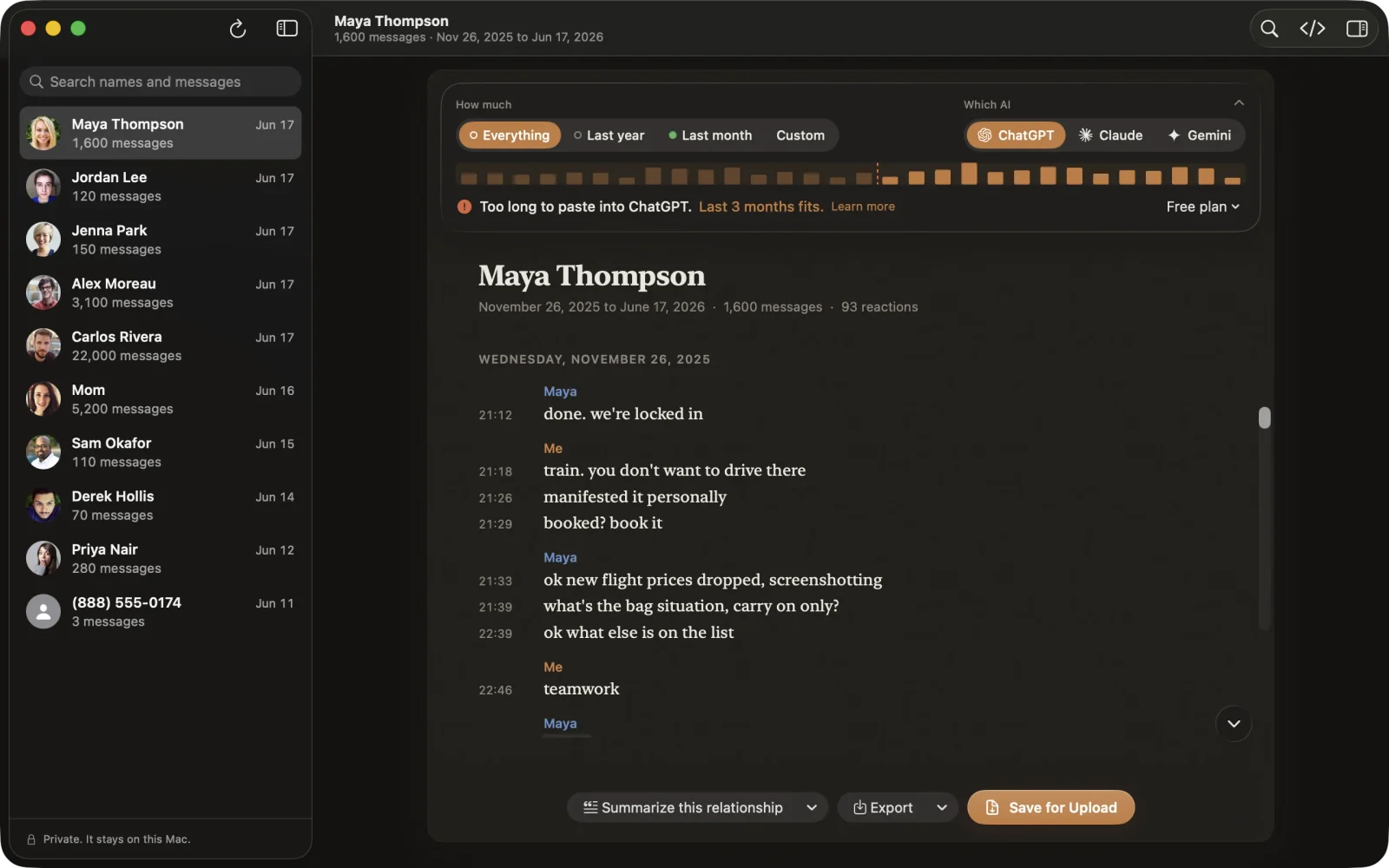 The Lembic 1.1 window with a conversation with Maya Thompson open. At the top are the How much and Which AI choices and a timeline, and below them the line: Too long to paste into ChatGPT. Last 3 months fits.