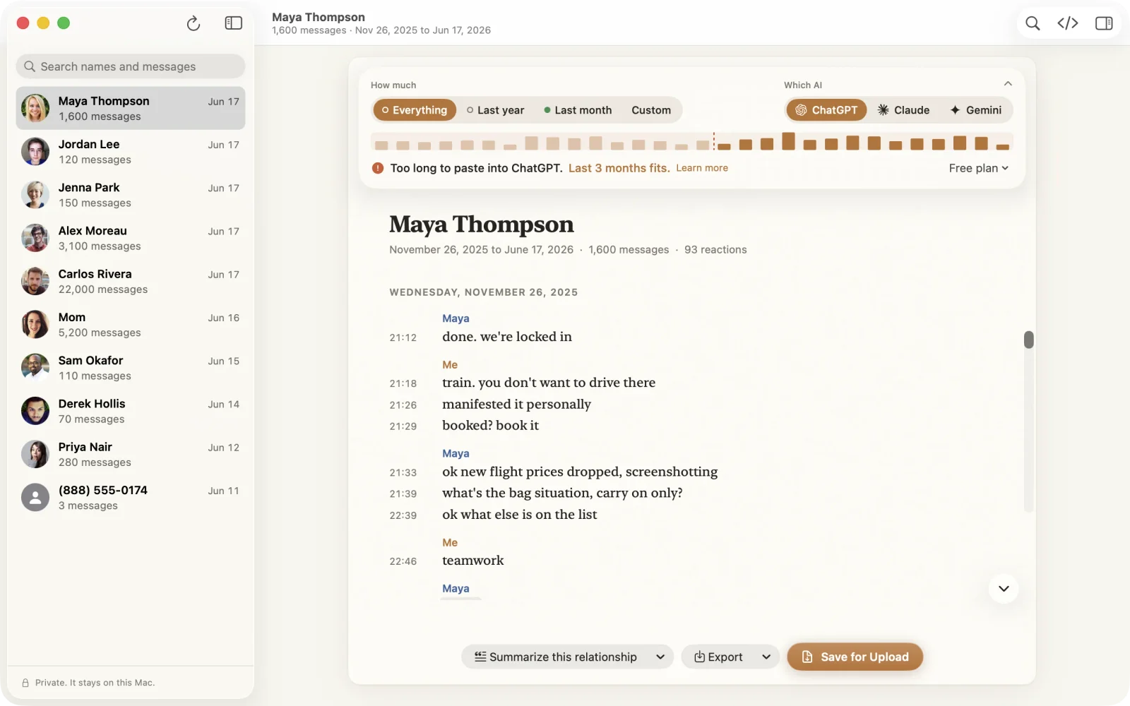 The Lembic 1.1 window with a conversation with Maya Thompson open. At the top are the How much and Which AI choices and a timeline, and below them the line: Too long to paste into ChatGPT. Last 3 months fits.