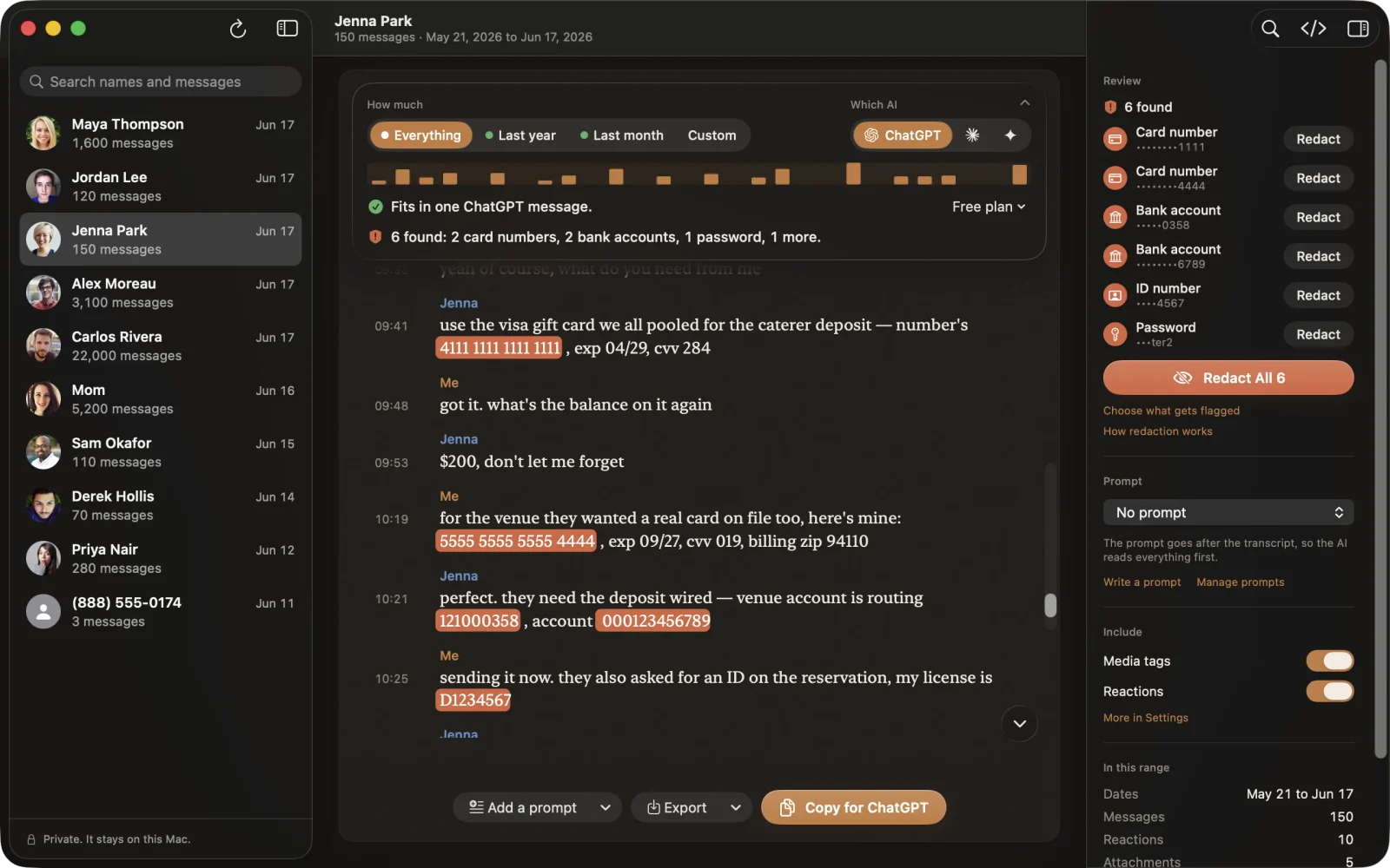 Lembic showing a conversation with Jenna Park. Card numbers, a routing number, an account number, and a license number are highlighted in the transcript, and a Review list shows 6 found items with a Redact All 6 button.