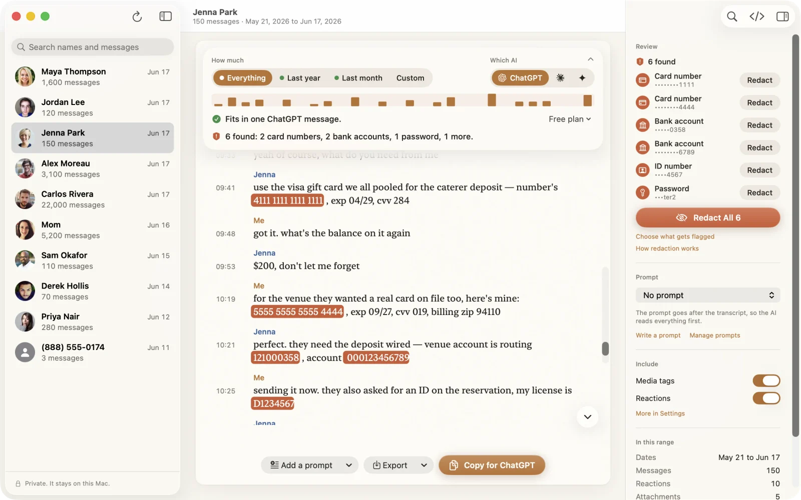 Lembic showing a conversation with Jenna Park. Card numbers, a routing number, an account number, and a license number are highlighted in the transcript, and a Review list shows 6 found items with a Redact All 6 button.