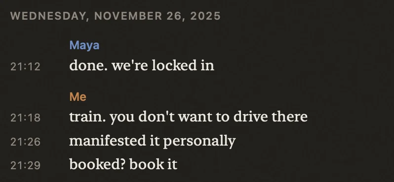 A Lembic transcript: a date header for Wednesday, November 26, 2025, then timestamped messages from Maya and Me about taking the train