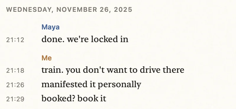 A Lembic transcript: a date header for Wednesday, November 26, 2025, then timestamped messages from Maya and Me about taking the train
