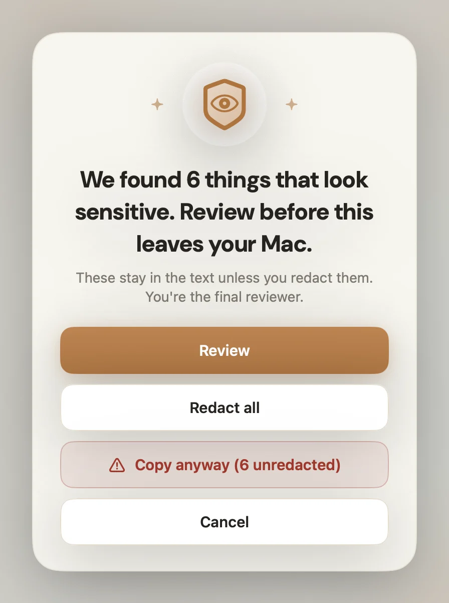 Lembic stopping a copy to say it found 6 things that look sensitive, with Review, Redact all, Copy anyway, and Cancel buttons
