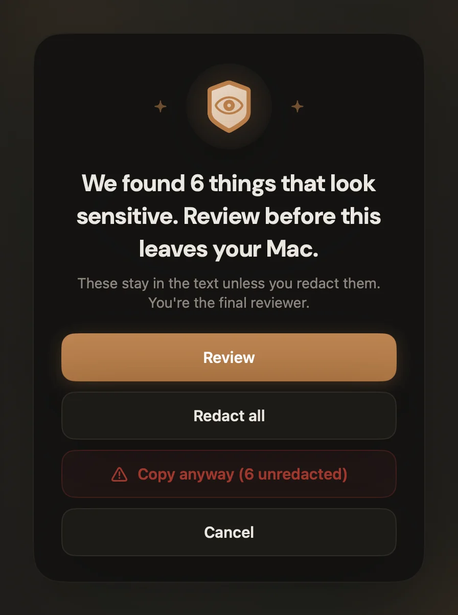 Lembic stopping a copy to say it found 6 things that look sensitive, with Review, Redact all, Copy anyway, and Cancel buttons